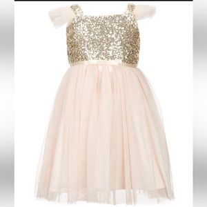 Popatu Nordstrom Girls Gold Sequin & Tulle Frill Formal Dress - Size 5